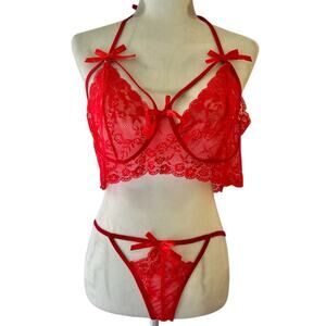 Flatter Me Lipstick Red Lace 2-Piece Crotchless Sexy Lingerie Set sz XXL NEW Tag